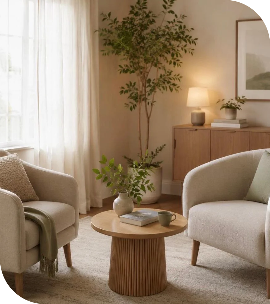 Despacho cálido con dos butacas, mesa de madera y plantas